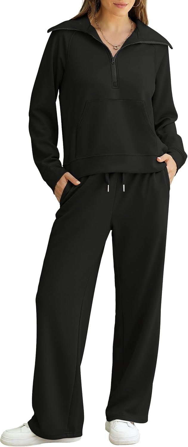 imageXIEERDUO Lounge Sets For Women 2025 Half Zip Sweatshirt And Wide Leg Sweatpant 2 Piece Outfits Sweatsuit TracksuitKangarooblack