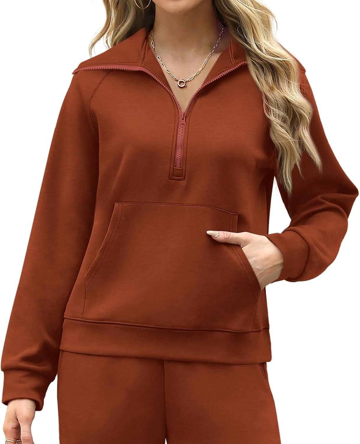 imageXIEERDUO Lounge Sets For Women 2025 Half Zip Sweatshirt And Wide Leg Sweatpant 2 Piece Outfits Sweatsuit TracksuitKangaroobrown