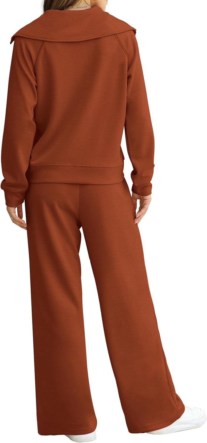 imageXIEERDUO Lounge Sets For Women 2025 Half Zip Sweatshirt And Wide Leg Sweatpant 2 Piece Outfits Sweatsuit TracksuitKangaroobrown