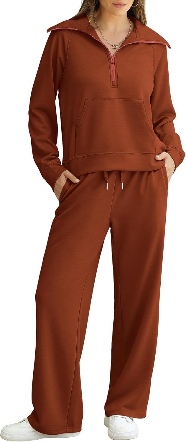 imageXIEERDUO Lounge Sets For Women 2025 Half Zip Sweatshirt And Wide Leg Sweatpant 2 Piece Outfits Sweatsuit TracksuitKangaroobrown