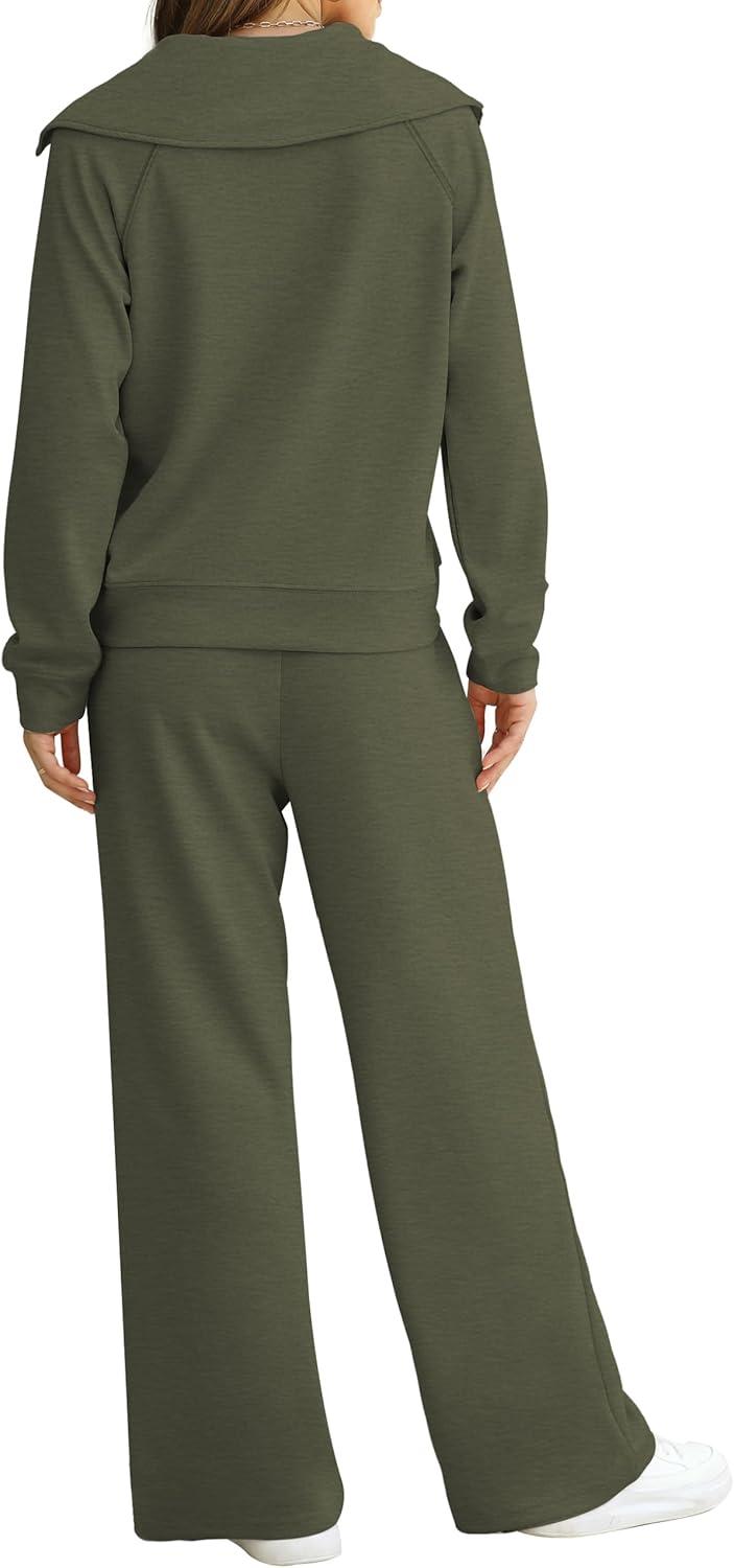 imageXIEERDUO Lounge Sets For Women 2025 Half Zip Sweatshirt And Wide Leg Sweatpant 2 Piece Outfits Sweatsuit TracksuitKangaroodark Green