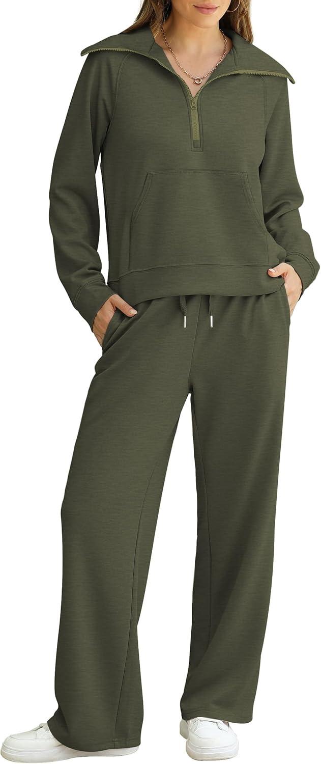 imageXIEERDUO Lounge Sets For Women 2025 Half Zip Sweatshirt And Wide Leg Sweatpant 2 Piece Outfits Sweatsuit TracksuitKangaroodark Green
