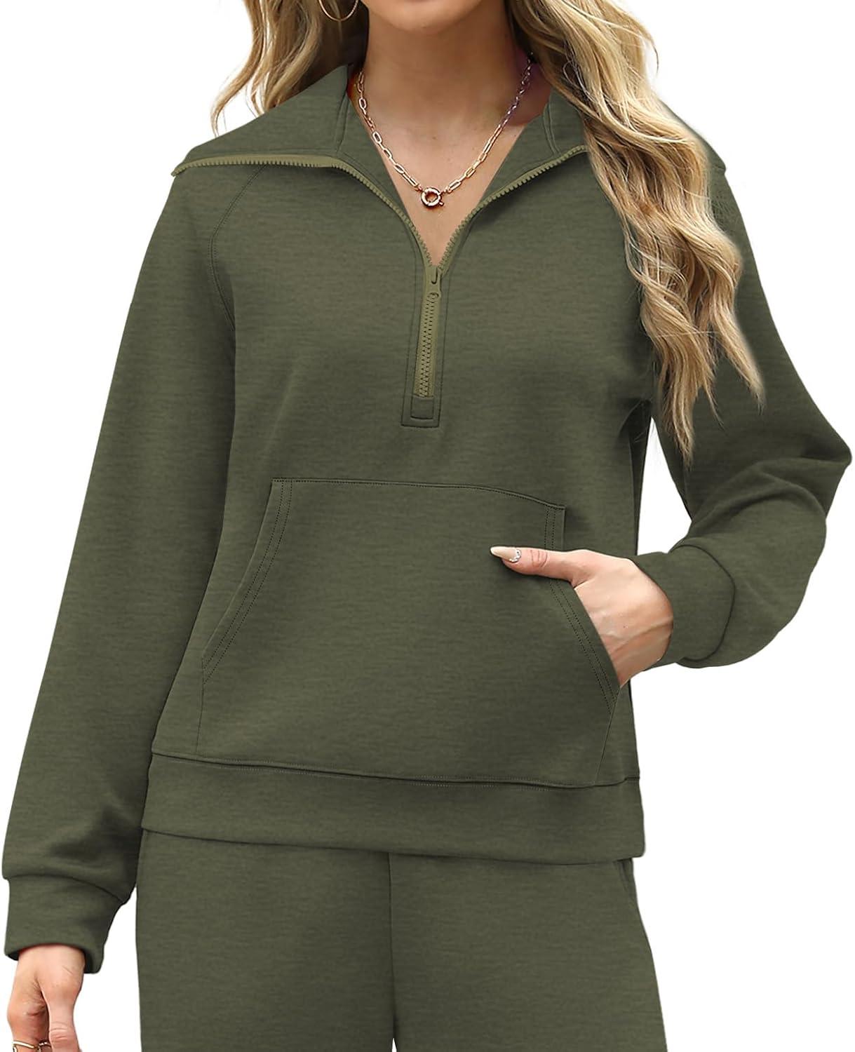 imageXIEERDUO Lounge Sets For Women 2025 Half Zip Sweatshirt And Wide Leg Sweatpant 2 Piece Outfits Sweatsuit TracksuitKangaroodark Green