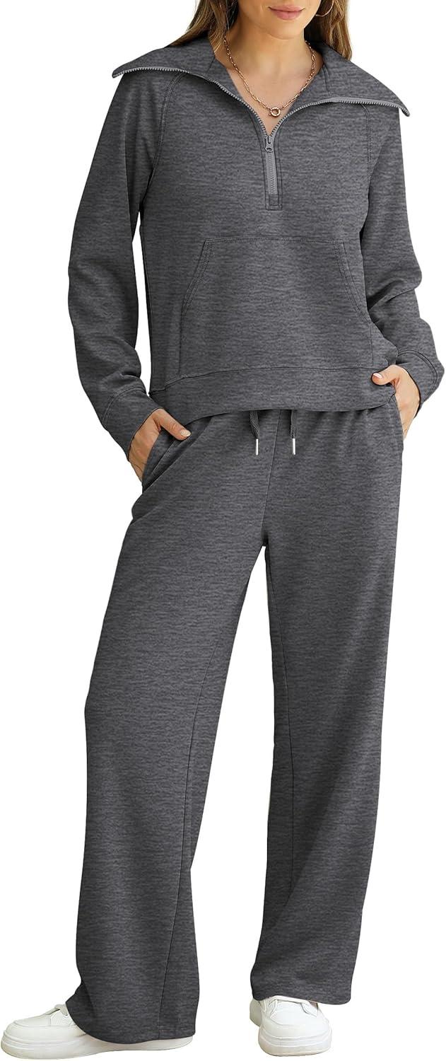 imageXIEERDUO Lounge Sets For Women 2025 Half Zip Sweatshirt And Wide Leg Sweatpant 2 Piece Outfits Sweatsuit TracksuitKangaroodimgray