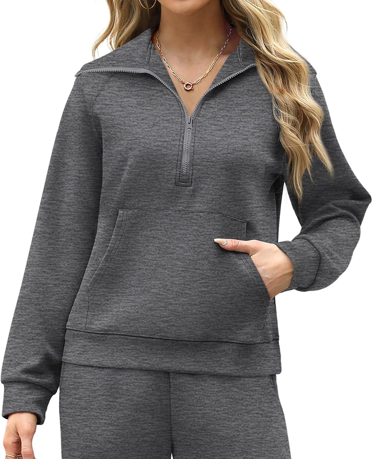 imageXIEERDUO Lounge Sets For Women 2025 Half Zip Sweatshirt And Wide Leg Sweatpant 2 Piece Outfits Sweatsuit TracksuitKangaroodimgray