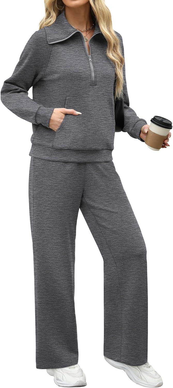 imageXIEERDUO Lounge Sets For Women 2025 Half Zip Sweatshirt And Wide Leg Sweatpant 2 Piece Outfits Sweatsuit TracksuitKangaroodimgray