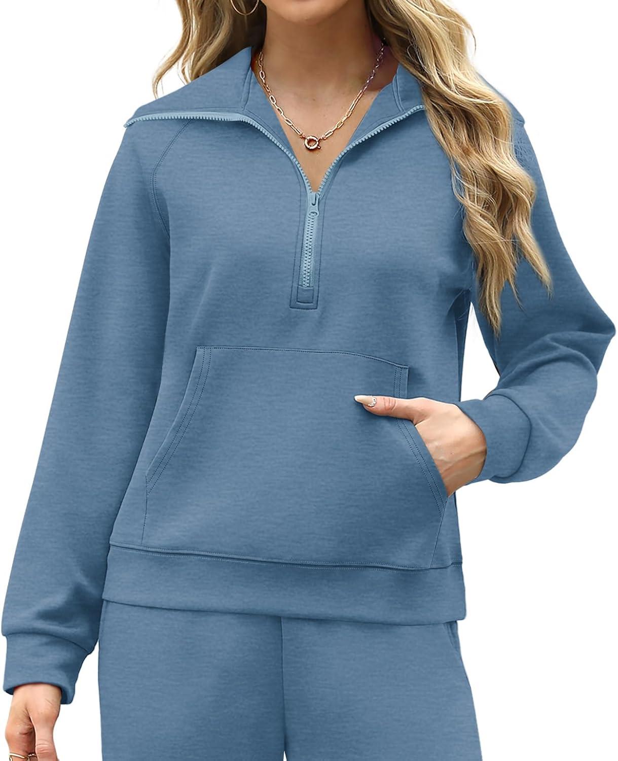 imageXIEERDUO Lounge Sets For Women 2025 Half Zip Sweatshirt And Wide Leg Sweatpant 2 Piece Outfits Sweatsuit TracksuitKangaroohaze Blue