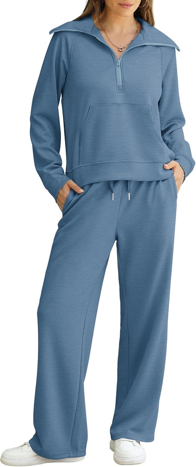 imageXIEERDUO Lounge Sets For Women 2025 Half Zip Sweatshirt And Wide Leg Sweatpant 2 Piece Outfits Sweatsuit TracksuitKangaroohaze Blue