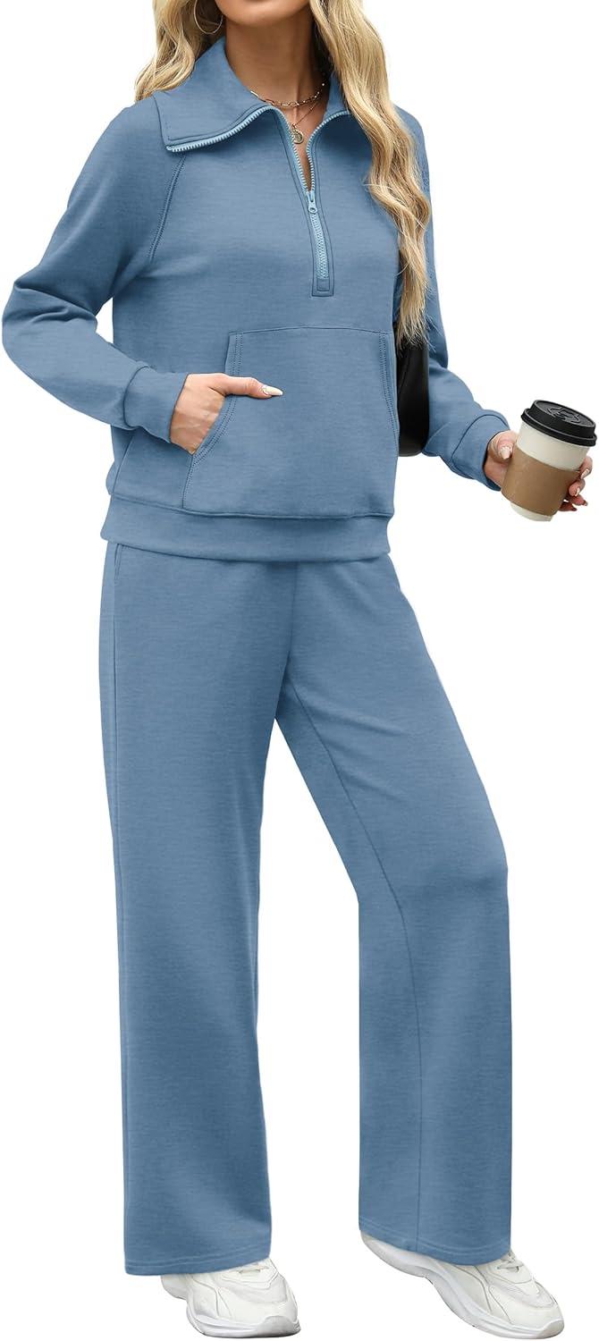 imageXIEERDUO Lounge Sets For Women 2025 Half Zip Sweatshirt And Wide Leg Sweatpant 2 Piece Outfits Sweatsuit TracksuitKangaroohaze Blue