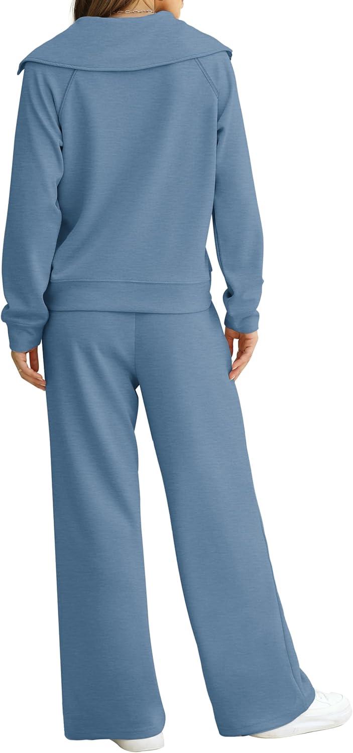 imageXIEERDUO Lounge Sets For Women 2025 Half Zip Sweatshirt And Wide Leg Sweatpant 2 Piece Outfits Sweatsuit TracksuitKangaroohaze Blue