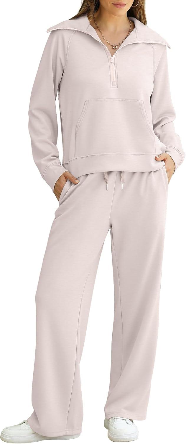imageXIEERDUO Lounge Sets For Women 2025 Half Zip Sweatshirt And Wide Leg Sweatpant 2 Piece Outfits Sweatsuit TracksuitKangarookhaki