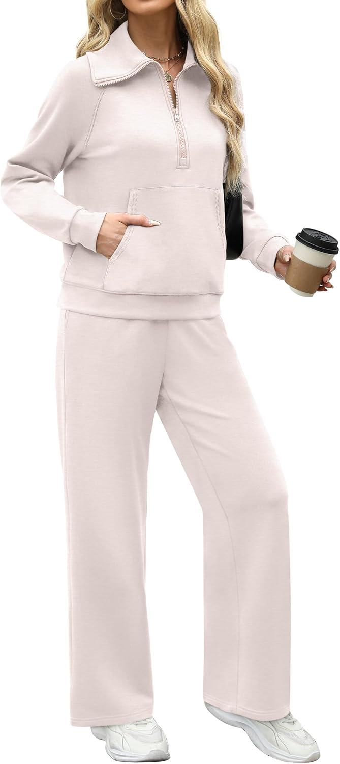 imageXIEERDUO Lounge Sets For Women 2025 Half Zip Sweatshirt And Wide Leg Sweatpant 2 Piece Outfits Sweatsuit TracksuitKangarookhaki