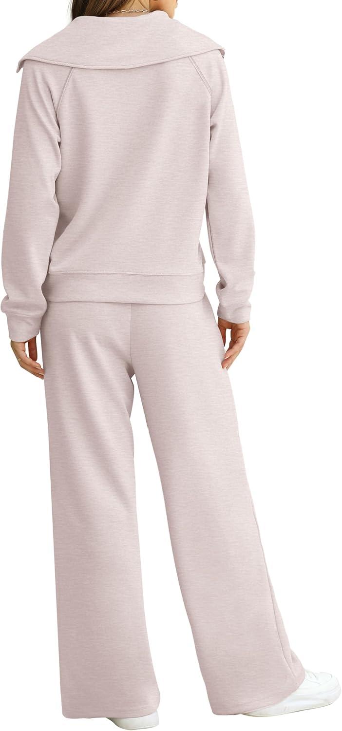 imageXIEERDUO Lounge Sets For Women 2025 Half Zip Sweatshirt And Wide Leg Sweatpant 2 Piece Outfits Sweatsuit TracksuitKangarookhaki