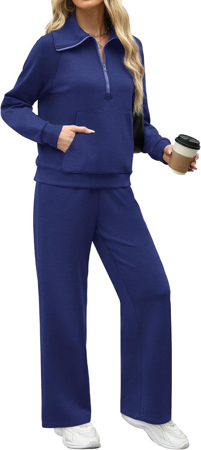 imageXIEERDUO Lounge Sets For Women 2025 Half Zip Sweatshirt And Wide Leg Sweatpant 2 Piece Outfits Sweatsuit TracksuitKangaroonavy Blue