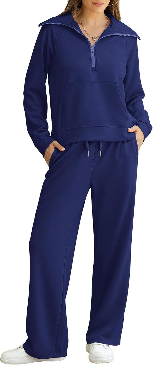 imageXIEERDUO Lounge Sets For Women 2025 Half Zip Sweatshirt And Wide Leg Sweatpant 2 Piece Outfits Sweatsuit TracksuitKangaroonavy Blue