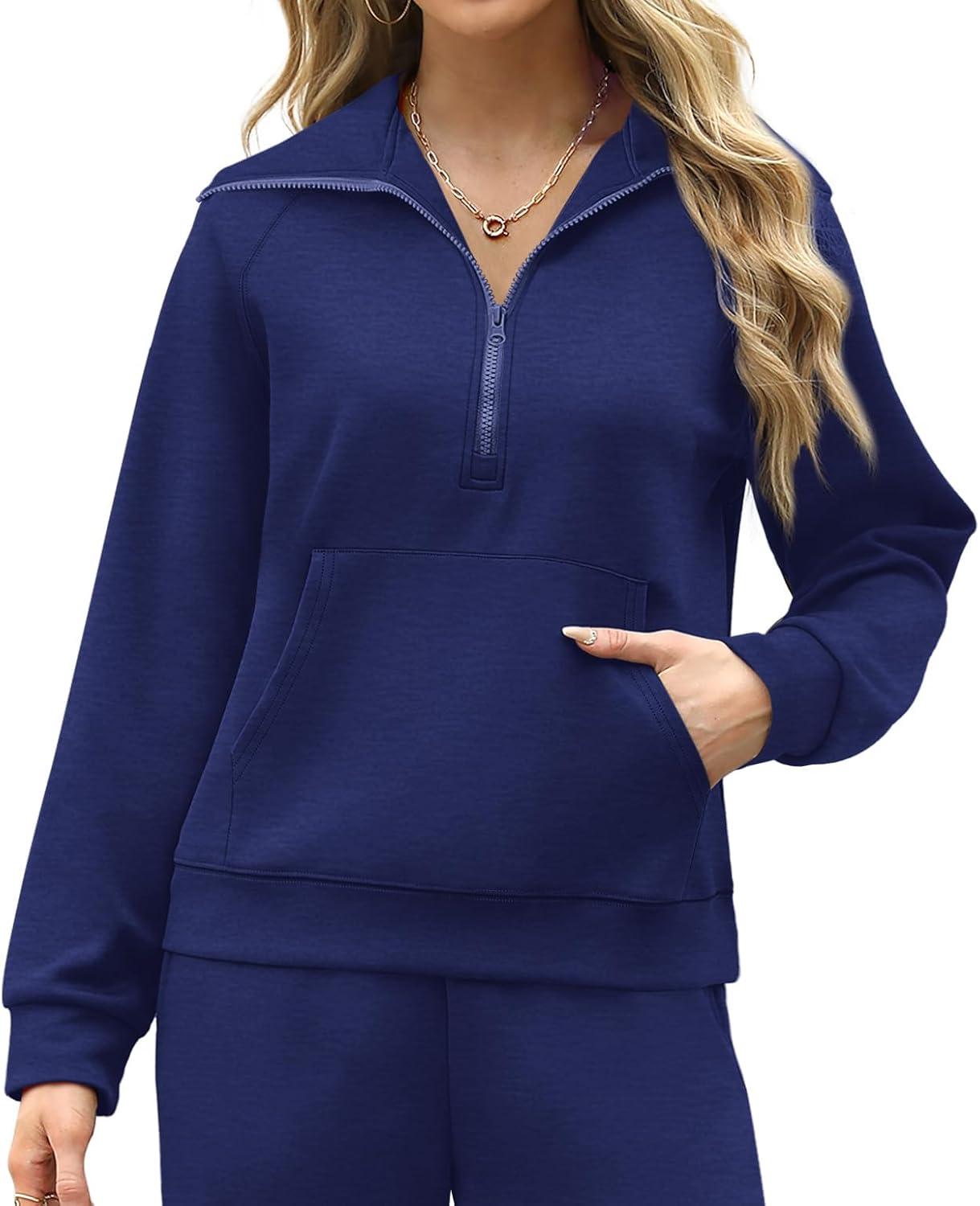 imageXIEERDUO Lounge Sets For Women 2025 Half Zip Sweatshirt And Wide Leg Sweatpant 2 Piece Outfits Sweatsuit TracksuitKangaroonavy Blue