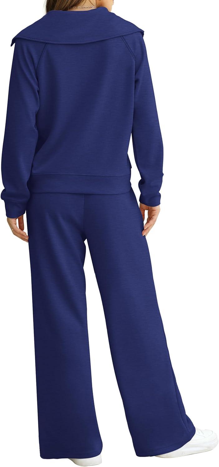 imageXIEERDUO Lounge Sets For Women 2025 Half Zip Sweatshirt And Wide Leg Sweatpant 2 Piece Outfits Sweatsuit TracksuitKangaroonavy Blue
