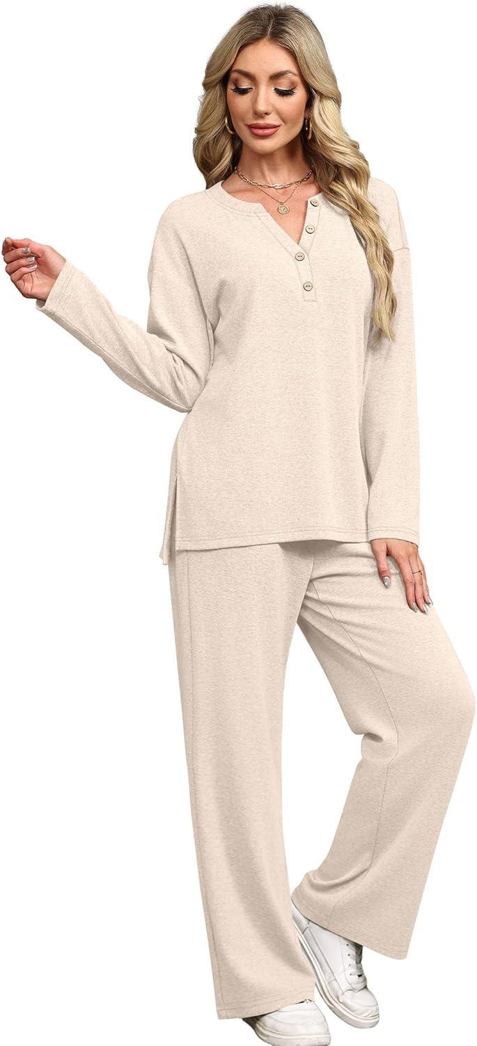 imageXIEERDUO Lounge Sets for Women 2 Piece V Neck Button Matching Sweatsuit Loungewear Fall Outfits Fashion Clothing PajamasApricot