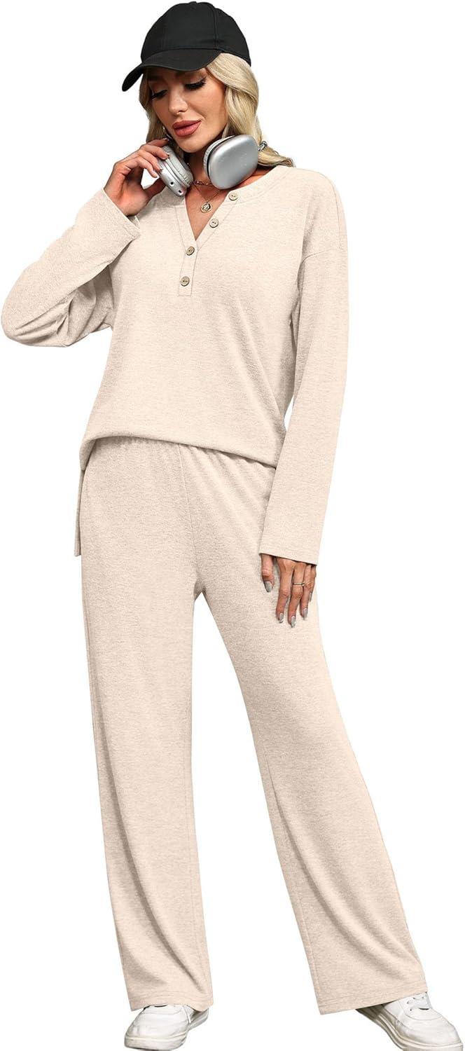 imageXIEERDUO Lounge Sets for Women 2 Piece V Neck Button Matching Sweatsuit Loungewear Fall Outfits Fashion Clothing PajamasApricot