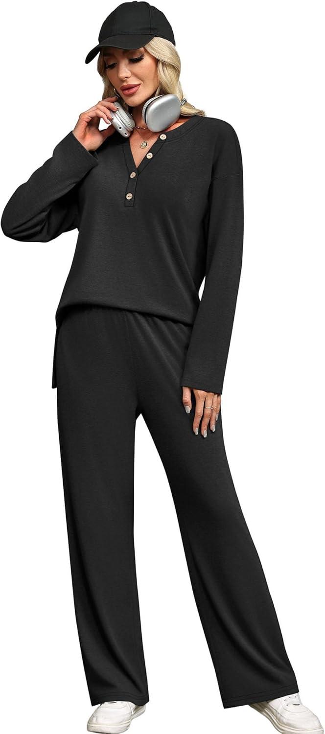 imageXIEERDUO Lounge Sets for Women 2 Piece V Neck Button Matching Sweatsuit Loungewear Fall Outfits Fashion Clothing PajamasBlack