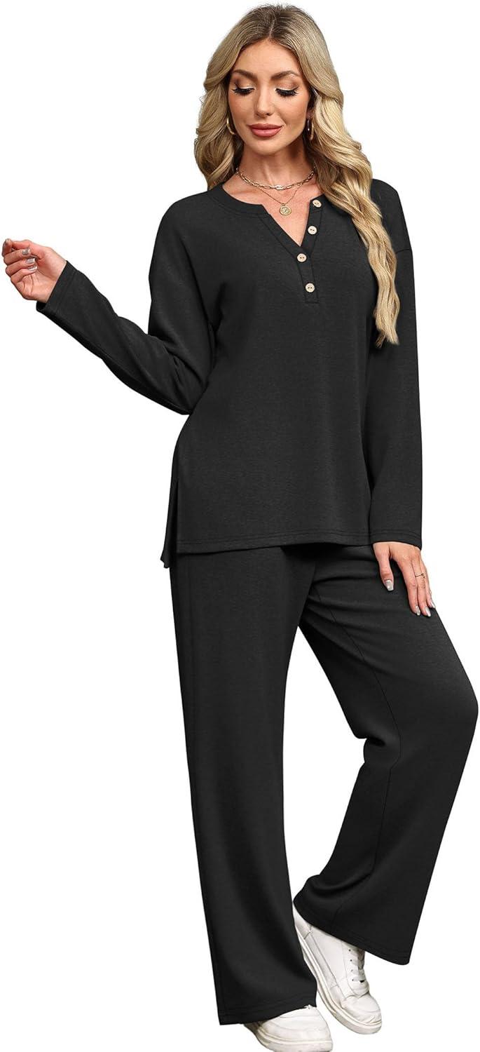 imageXIEERDUO Lounge Sets for Women 2 Piece V Neck Button Matching Sweatsuit Loungewear Fall Outfits Fashion Clothing PajamasBlack