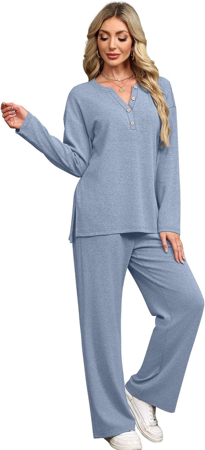 imageXIEERDUO Lounge Sets for Women 2 Piece V Neck Button Matching Sweatsuit Loungewear Fall Outfits Fashion Clothing PajamasBlue