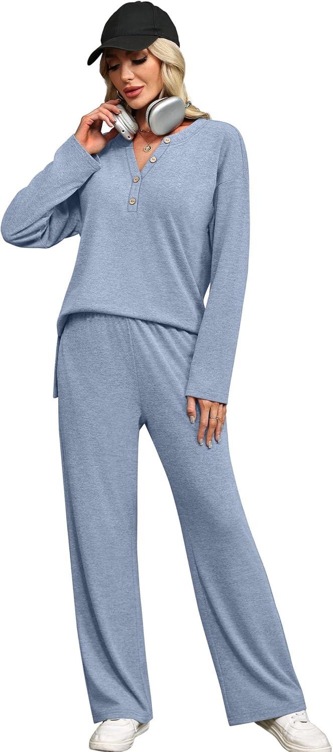 imageXIEERDUO Lounge Sets for Women 2 Piece V Neck Button Matching Sweatsuit Loungewear Fall Outfits Fashion Clothing PajamasBlue