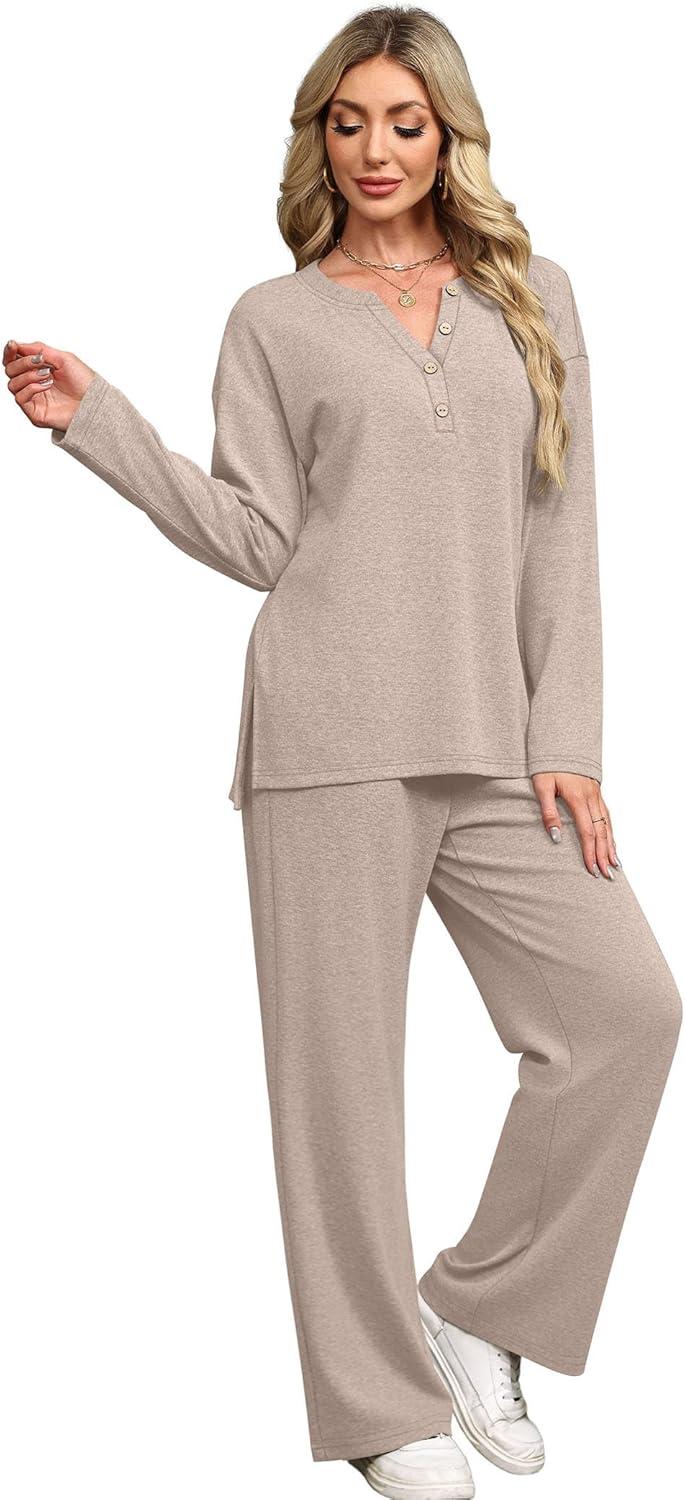 imageXIEERDUO Lounge Sets for Women 2 Piece V Neck Button Matching Sweatsuit Loungewear Fall Outfits Fashion Clothing PajamasKhaki