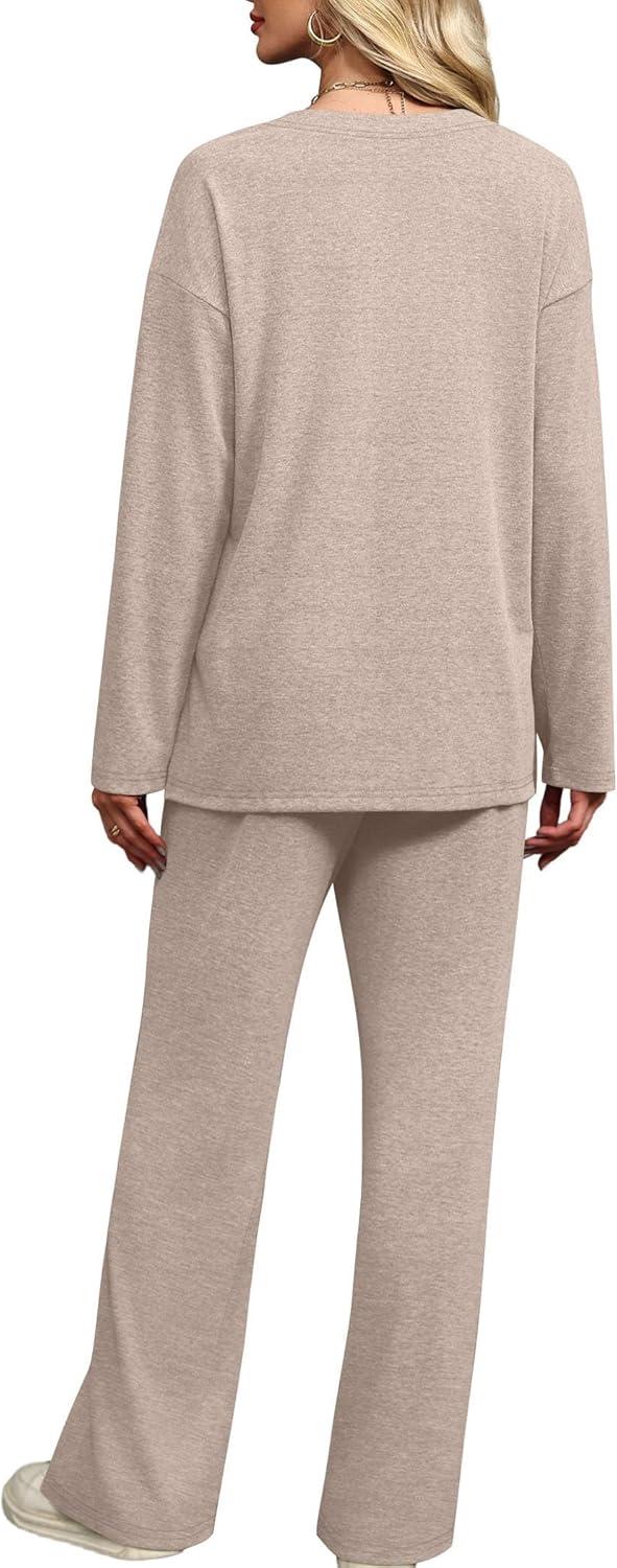 imageXIEERDUO Lounge Sets for Women 2 Piece V Neck Button Matching Sweatsuit Loungewear Fall Outfits Fashion Clothing PajamasKhaki