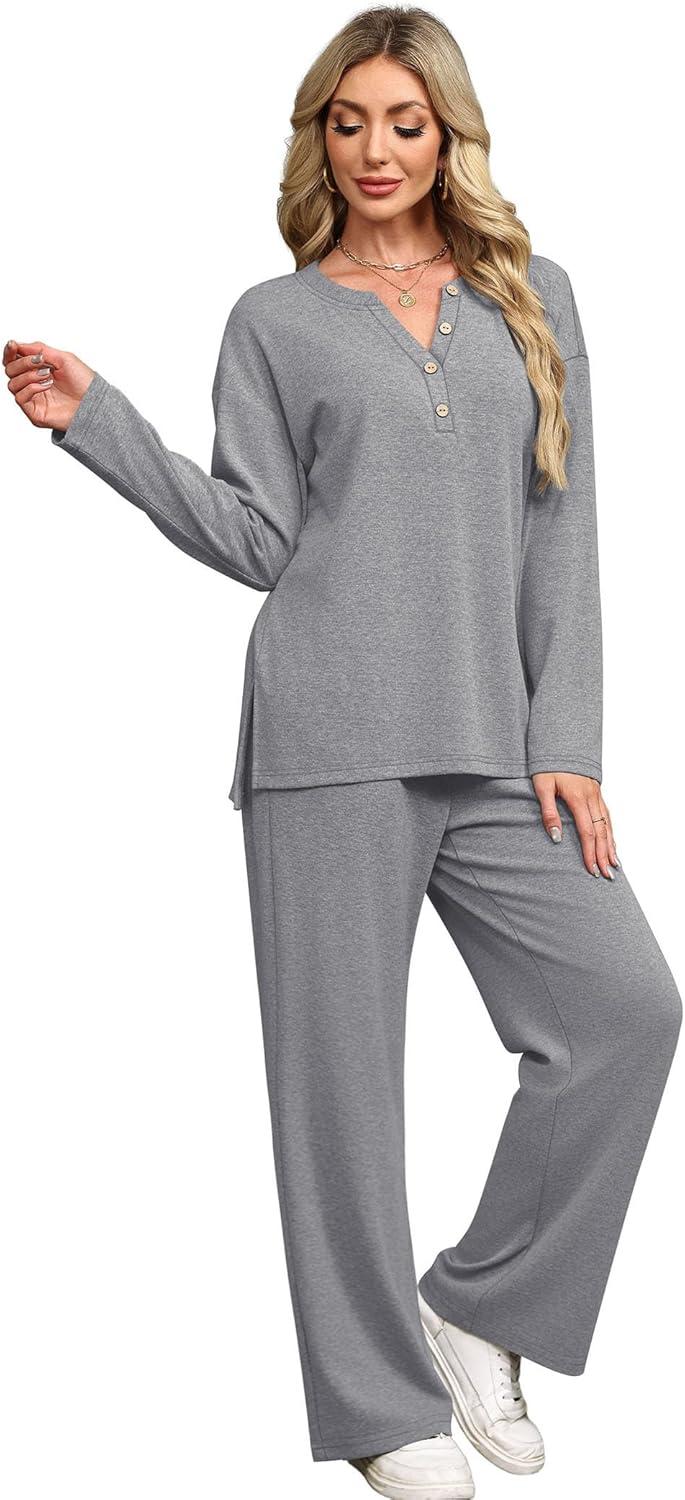 imageXIEERDUO Lounge Sets for Women 2 Piece V Neck Button Matching Sweatsuit Loungewear Fall Outfits Fashion Clothing PajamasLight Grey