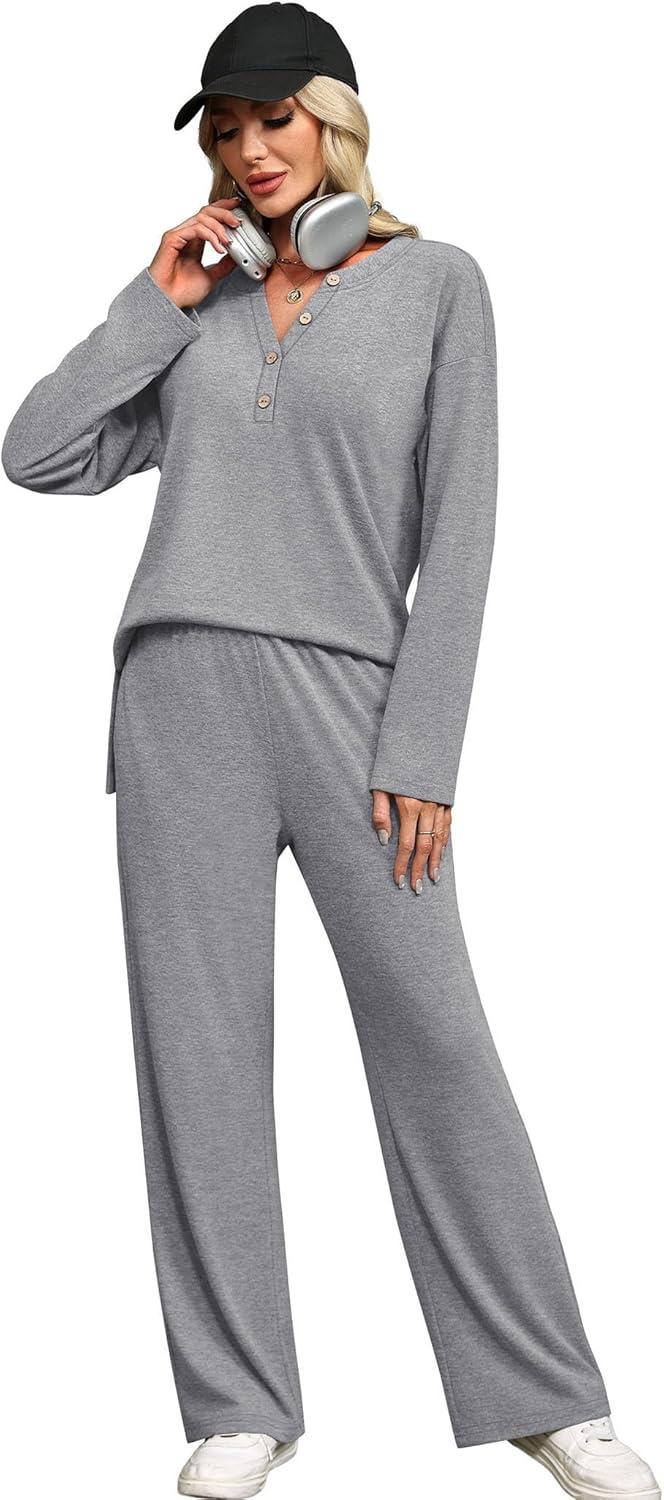 imageXIEERDUO Lounge Sets for Women 2 Piece V Neck Button Matching Sweatsuit Loungewear Fall Outfits Fashion Clothing PajamasLight Grey