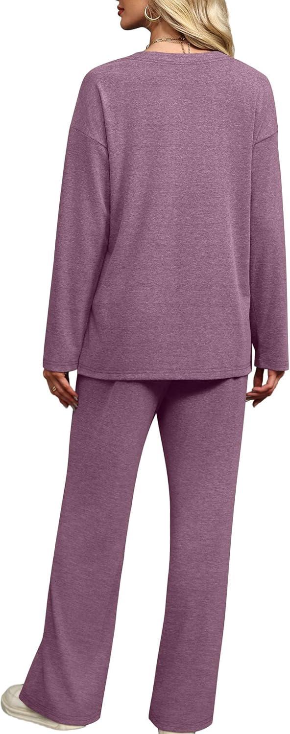 imageXIEERDUO Lounge Sets for Women 2 Piece V Neck Button Matching Sweatsuit Loungewear Fall Outfits Fashion Clothing PajamasPurple Red