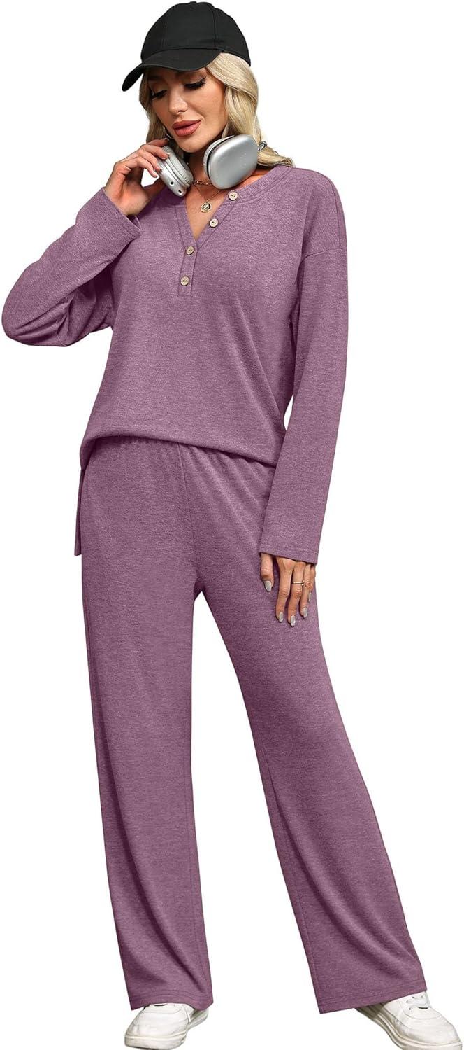 imageXIEERDUO Lounge Sets for Women 2 Piece V Neck Button Matching Sweatsuit Loungewear Fall Outfits Fashion Clothing PajamasPurple Red