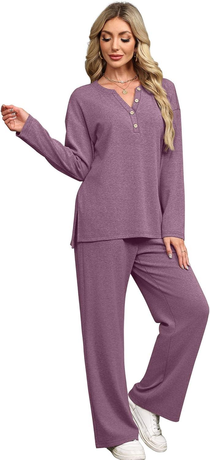 imageXIEERDUO Lounge Sets for Women 2 Piece V Neck Button Matching Sweatsuit Loungewear Fall Outfits Fashion Clothing PajamasPurple Red