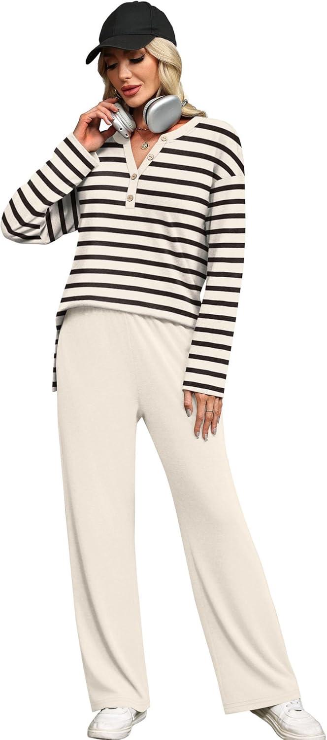 imageXIEERDUO Lounge Sets for Women 2 Piece V Neck Button Matching Sweatsuit Loungewear Fall Outfits Fashion Clothing PajamasStripes Apricot