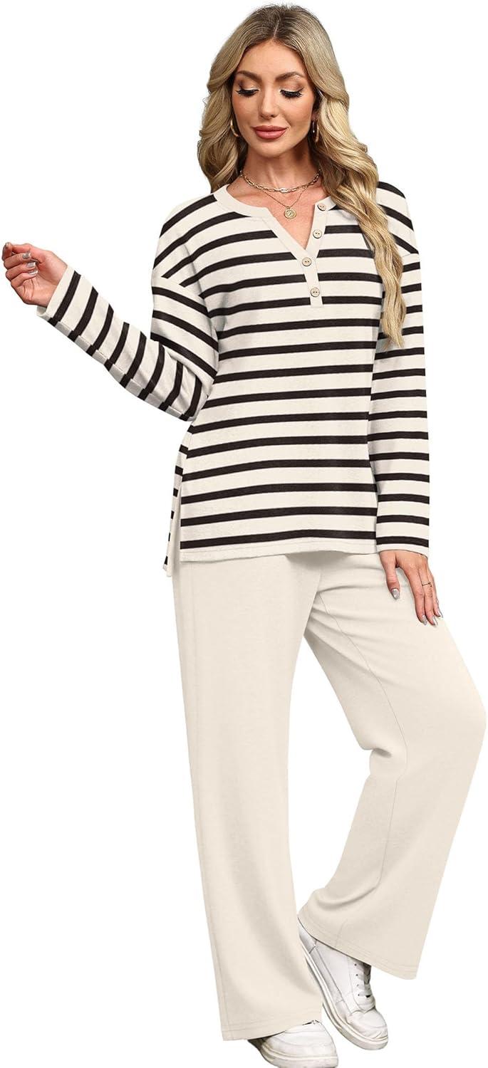 imageXIEERDUO Lounge Sets for Women 2 Piece V Neck Button Matching Sweatsuit Loungewear Fall Outfits Fashion Clothing PajamasStripes Apricot