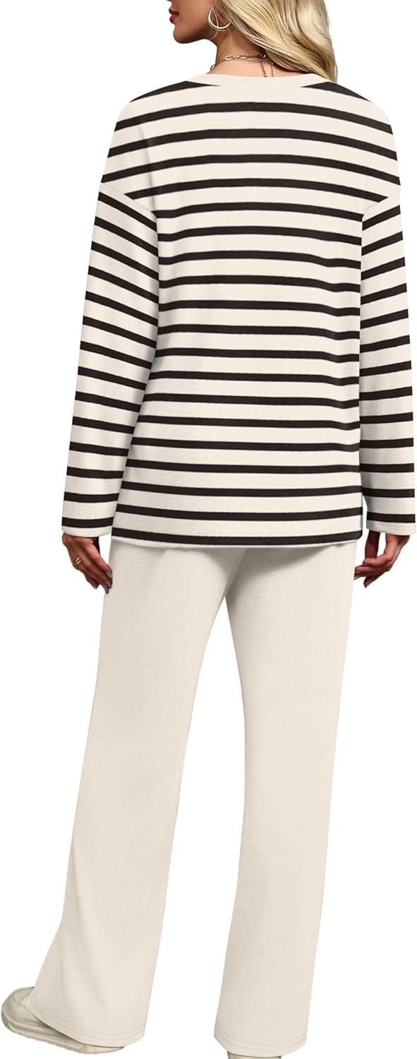 imageXIEERDUO Lounge Sets for Women 2 Piece V Neck Button Matching Sweatsuit Loungewear Fall Outfits Fashion Clothing PajamasStripes Apricot