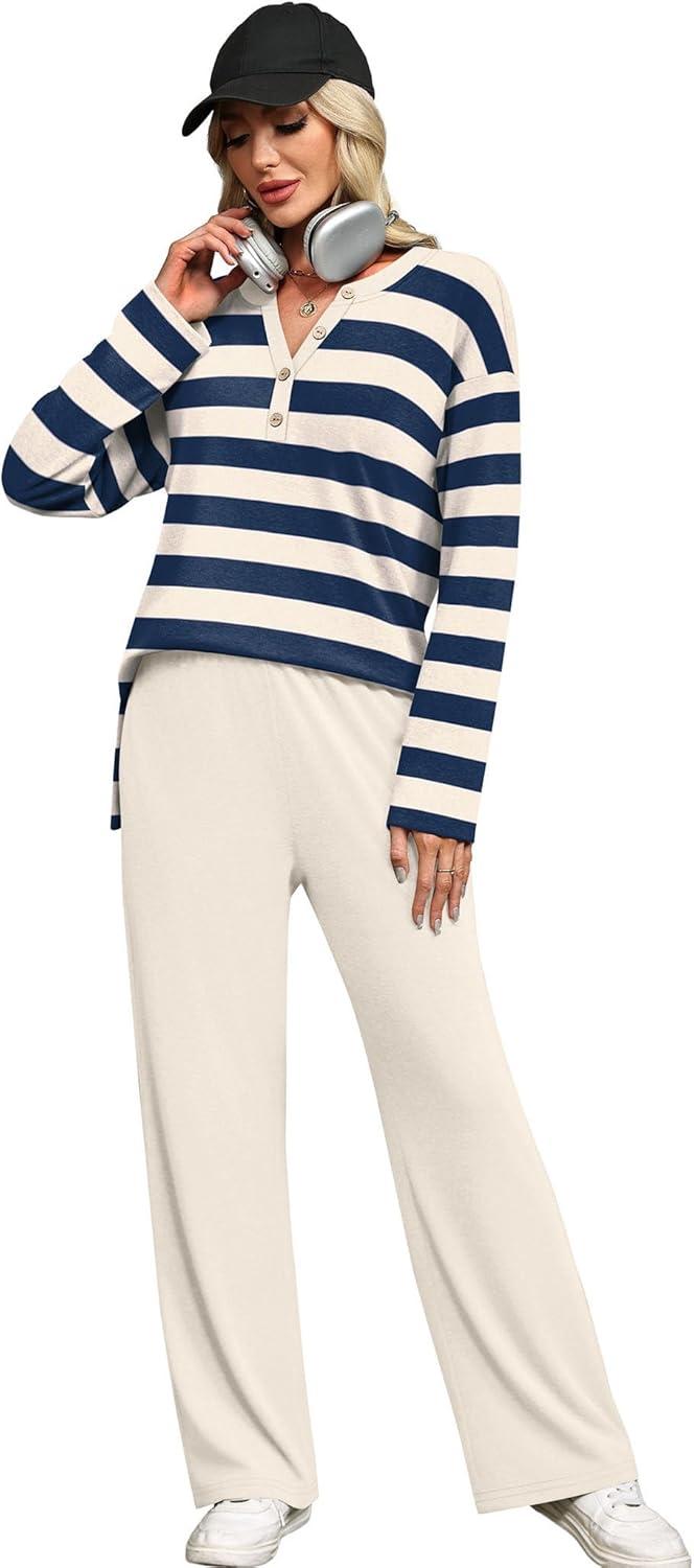 imageXIEERDUO Lounge Sets for Women 2 Piece V Neck Button Matching Sweatsuit Loungewear Fall Outfits Fashion Clothing PajamasStripes Navy