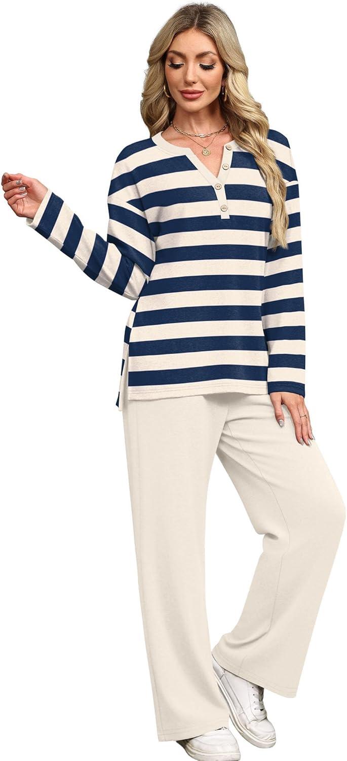 imageXIEERDUO Lounge Sets for Women 2 Piece V Neck Button Matching Sweatsuit Loungewear Fall Outfits Fashion Clothing PajamasStripes Navy