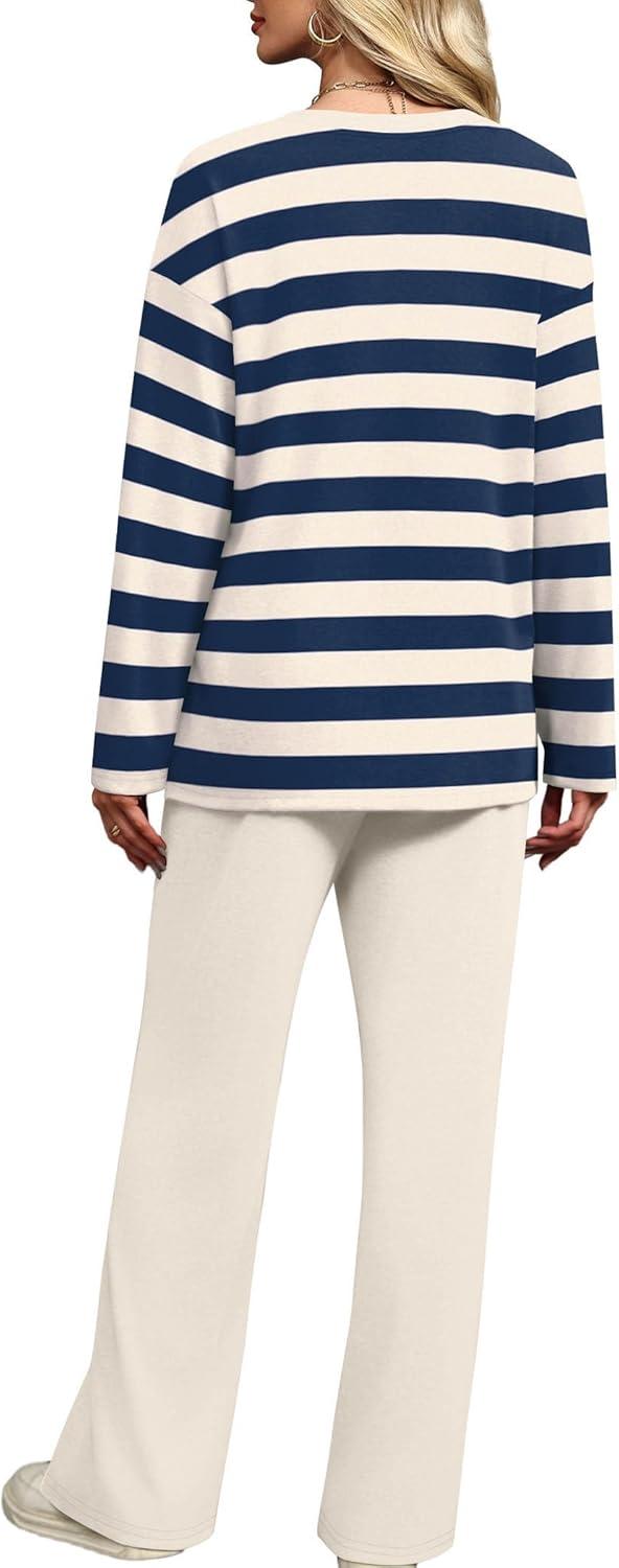 imageXIEERDUO Lounge Sets for Women 2 Piece V Neck Button Matching Sweatsuit Loungewear Fall Outfits Fashion Clothing PajamasStripes Navy
