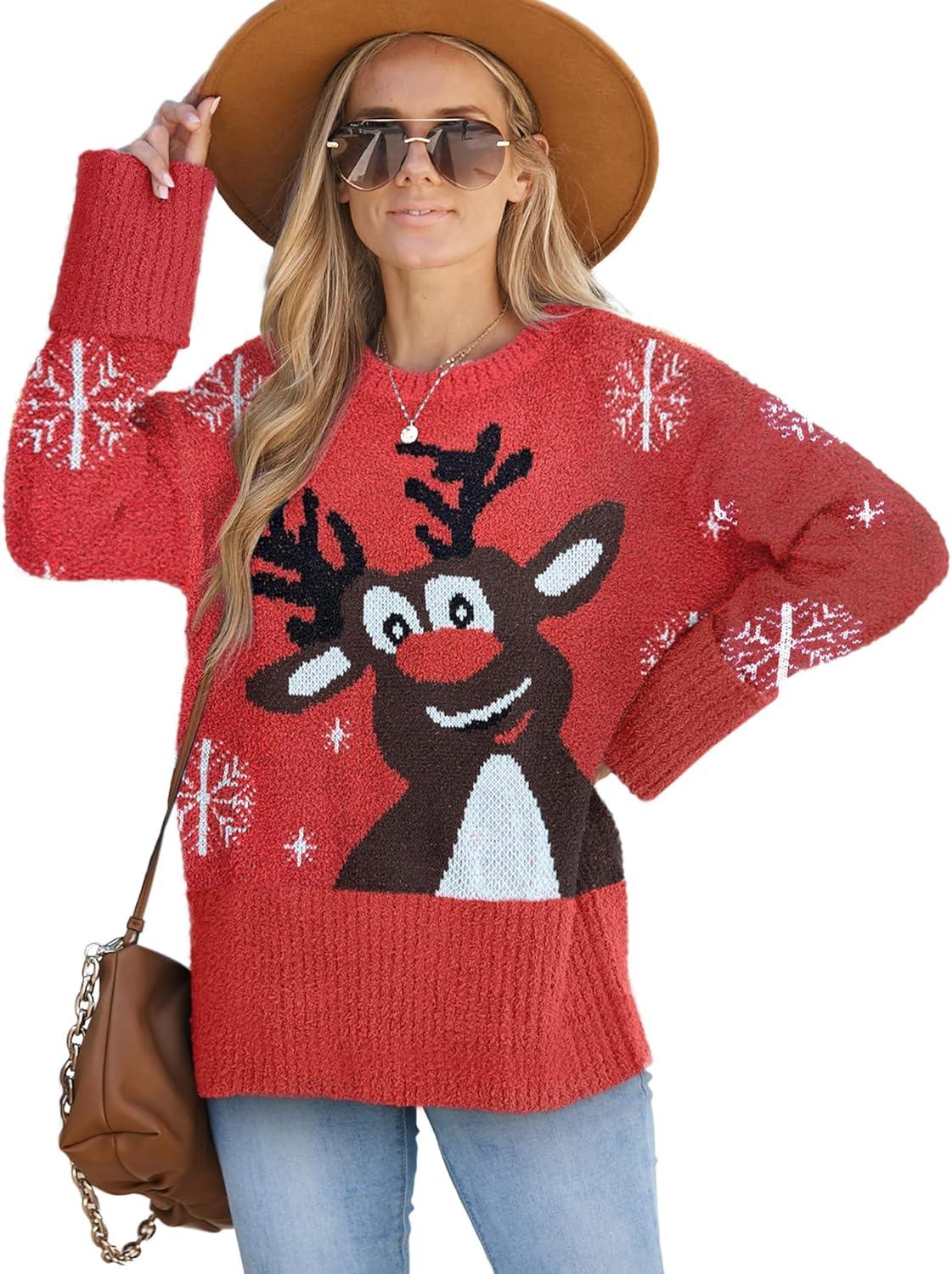 imageXIEERDUO Oversized Sweaters for Women Crewneck Long Sleeve Fuzzy Knit Warm Pullover SweaterBachristmas Elk