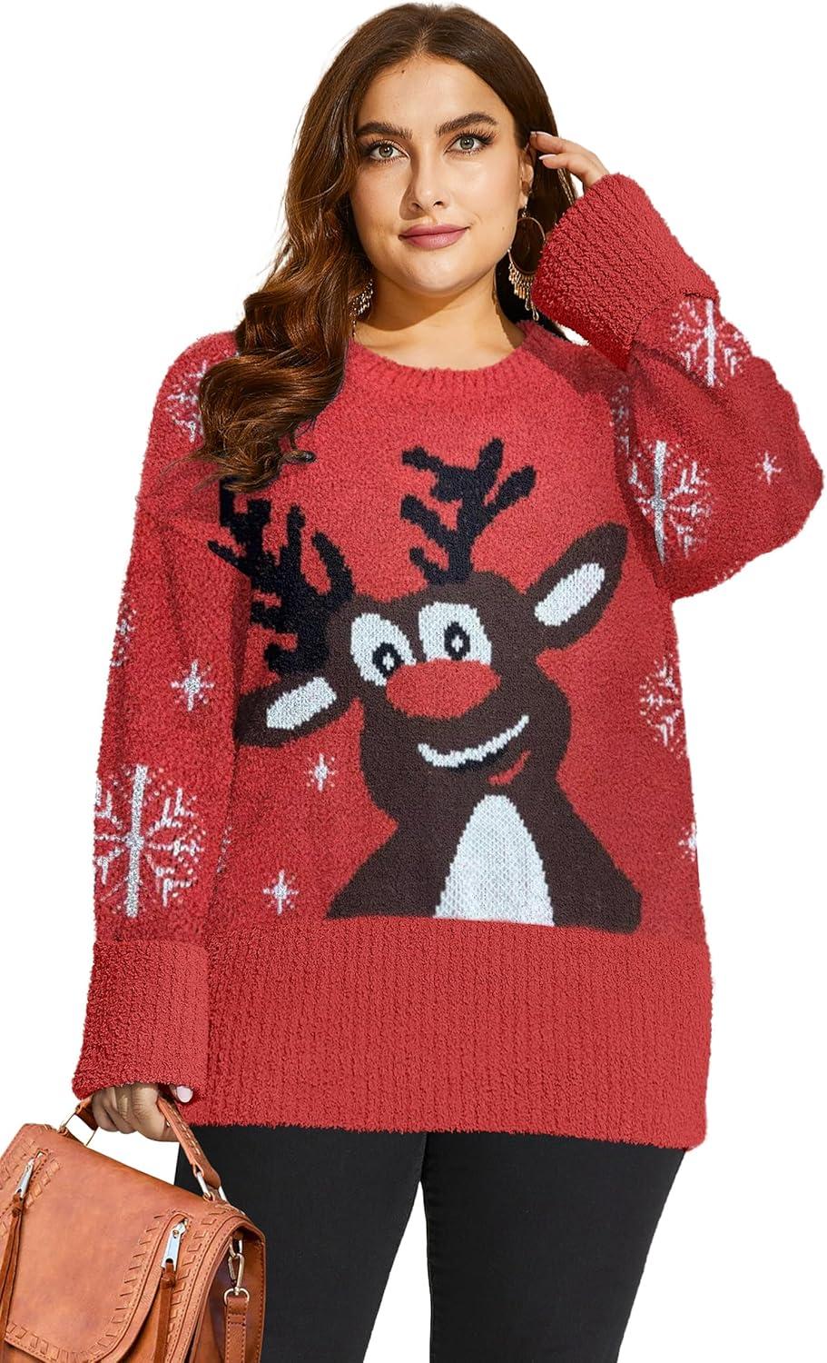 imageXIEERDUO Oversized Sweaters for Women Crewneck Long Sleeve Fuzzy Knit Warm Pullover SweaterBachristmas Elk