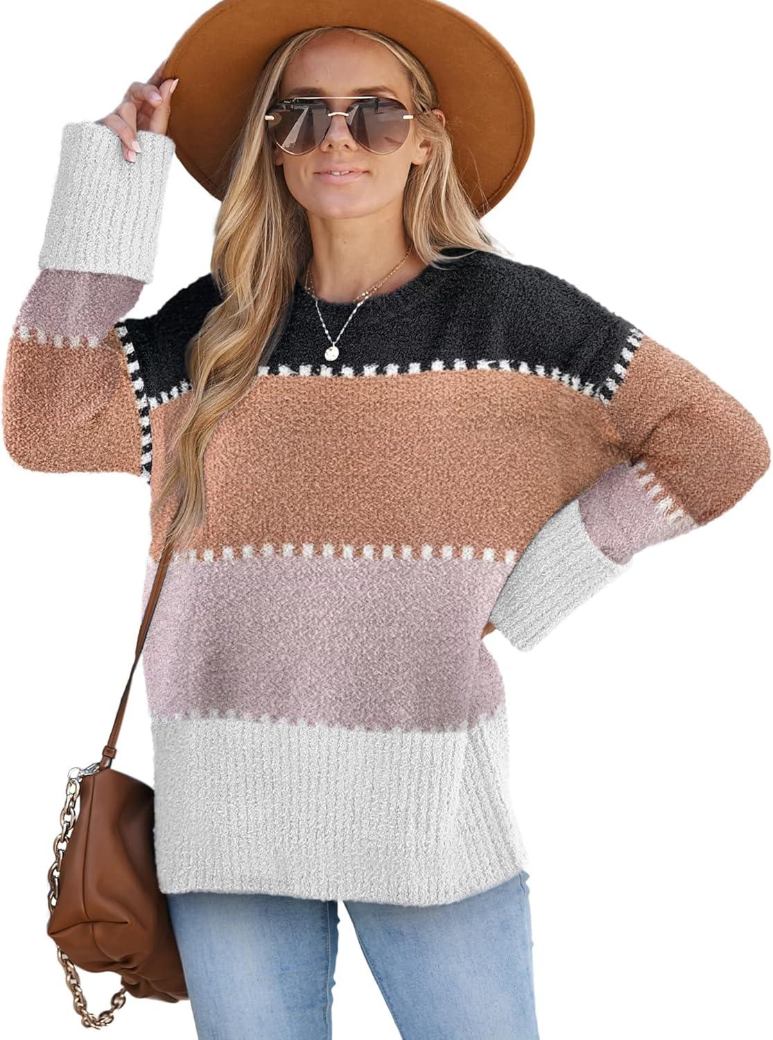 imageXIEERDUO Oversized Sweaters for Women Crewneck Long Sleeve Fuzzy Knit Warm Pullover SweaterBbcolor Block1