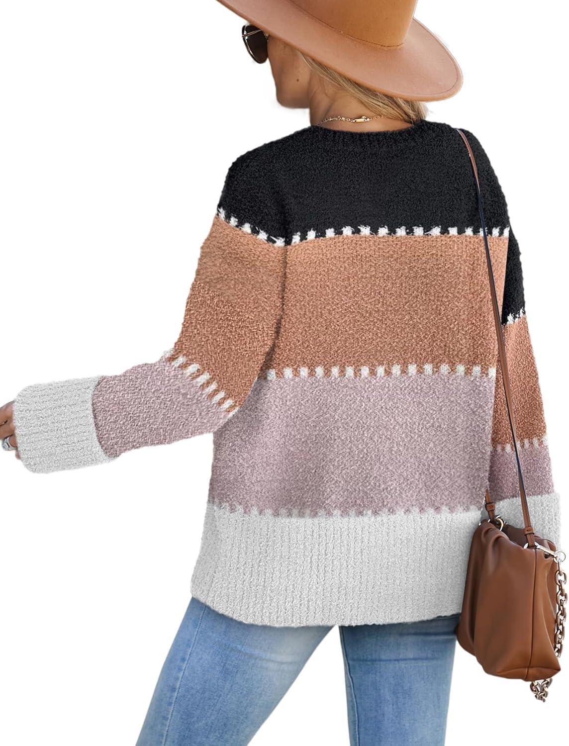 imageXIEERDUO Oversized Sweaters for Women Crewneck Long Sleeve Fuzzy Knit Warm Pullover SweaterBbcolor Block1