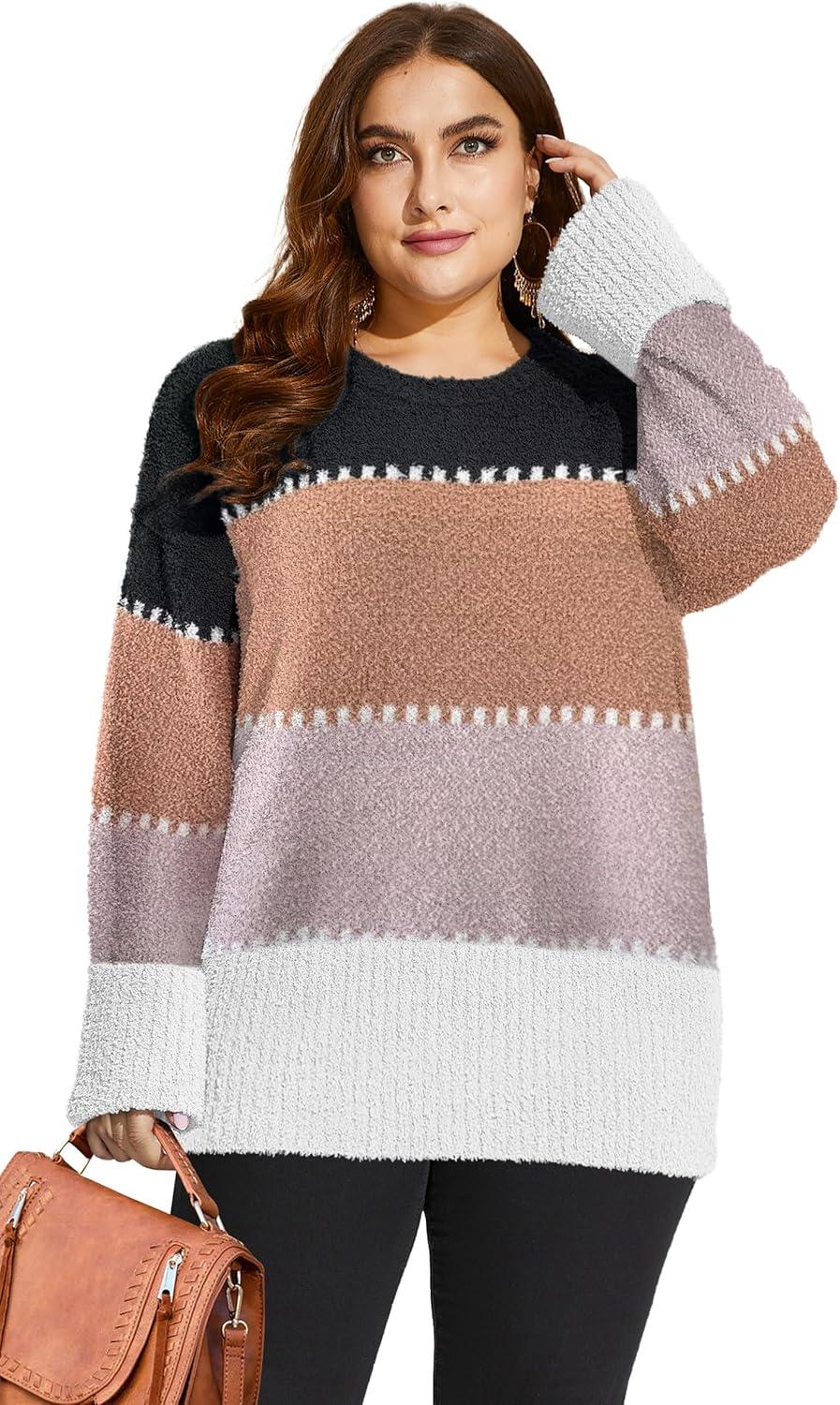 imageXIEERDUO Oversized Sweaters for Women Crewneck Long Sleeve Fuzzy Knit Warm Pullover SweaterBbcolor Block1