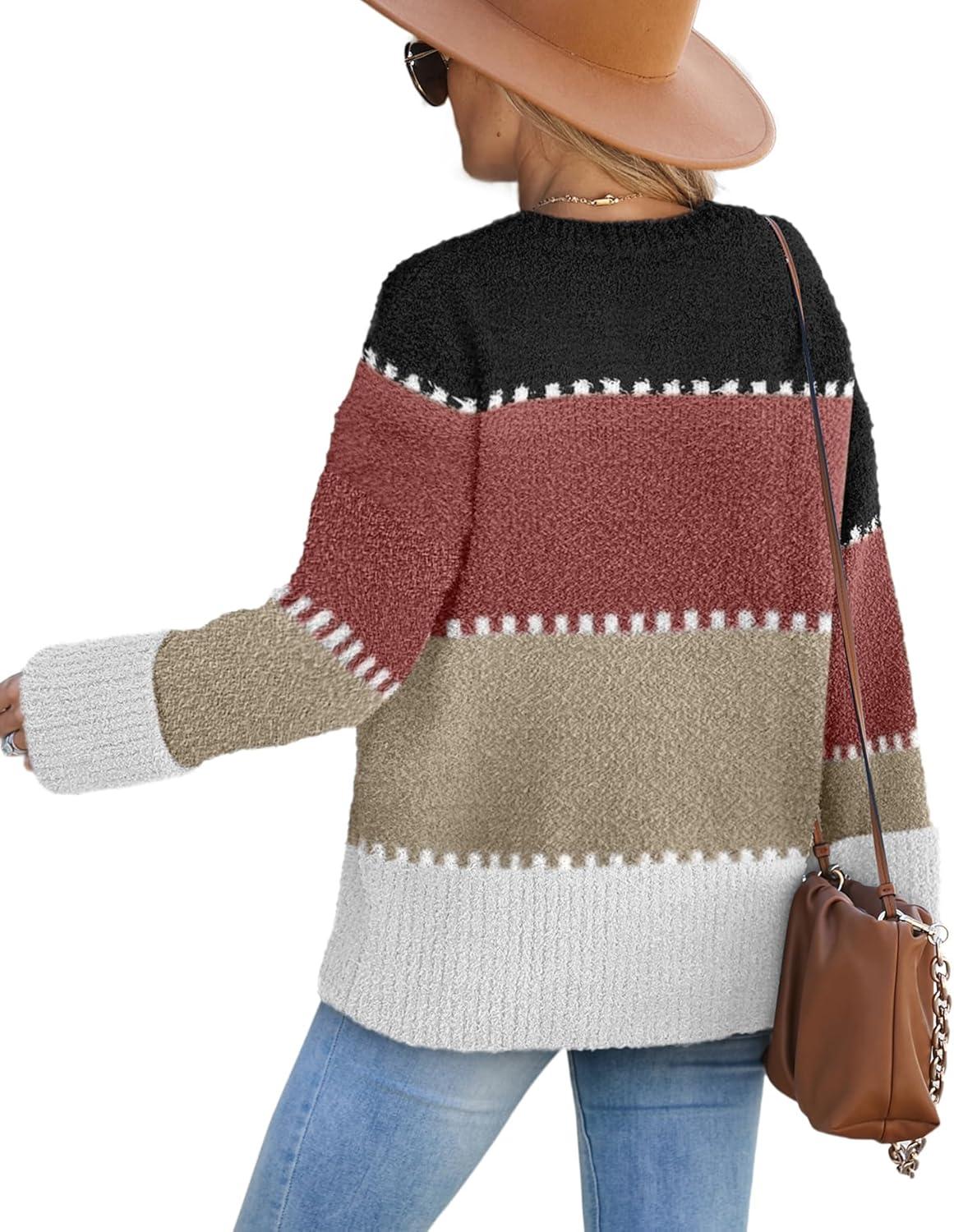 imageXIEERDUO Oversized Sweaters for Women Crewneck Long Sleeve Fuzzy Knit Warm Pullover SweaterBbcolor Block3