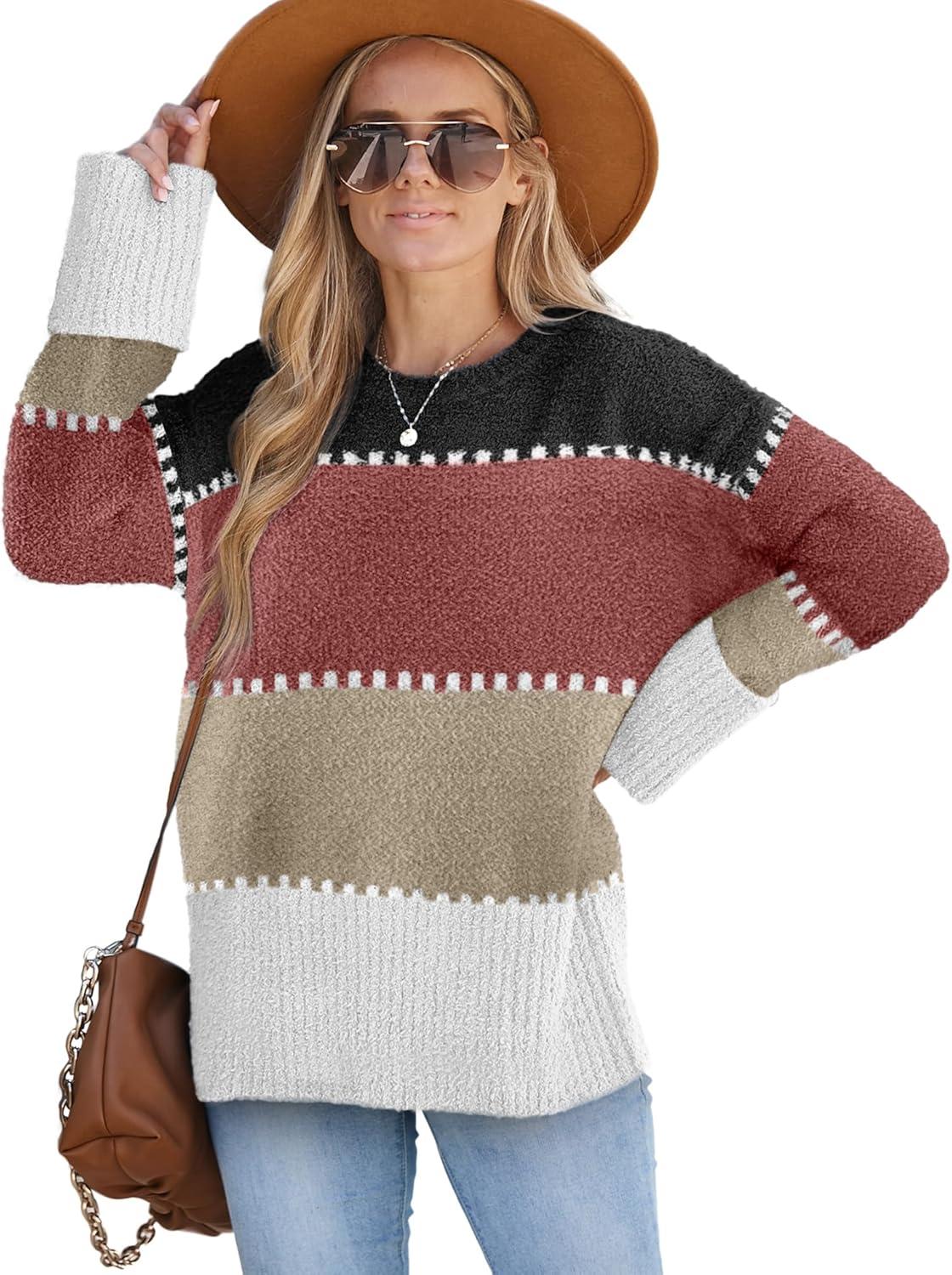 imageXIEERDUO Oversized Sweaters for Women Crewneck Long Sleeve Fuzzy Knit Warm Pullover SweaterBbcolor Block3