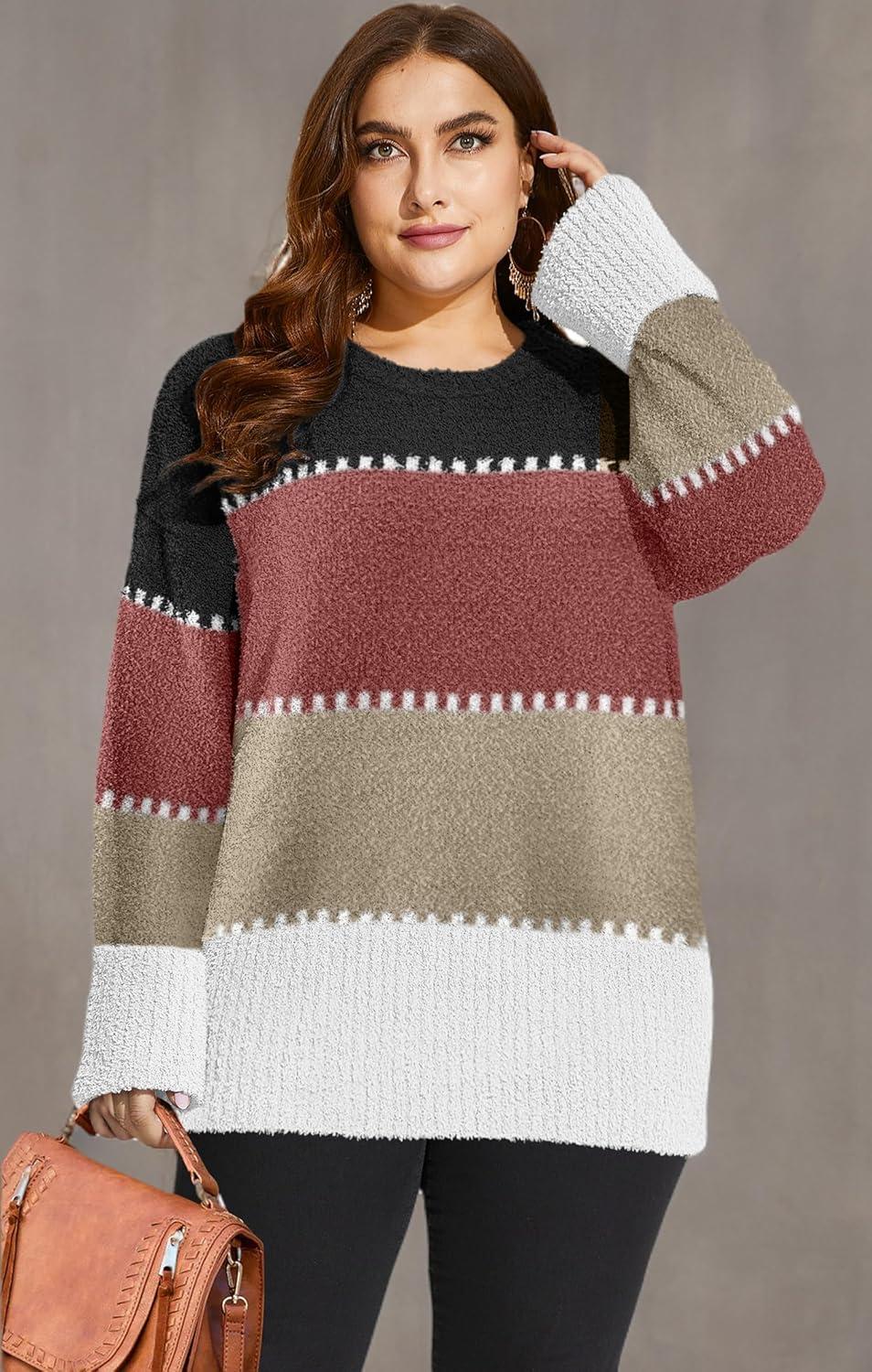 imageXIEERDUO Oversized Sweaters for Women Crewneck Long Sleeve Fuzzy Knit Warm Pullover SweaterBbcolor Block3