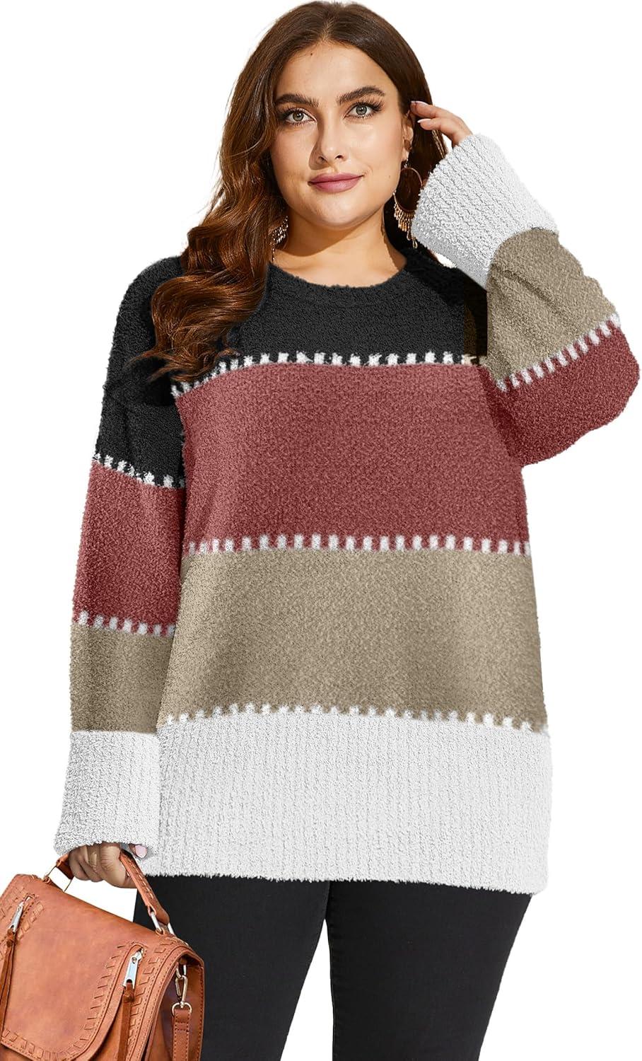 imageXIEERDUO Oversized Sweaters for Women Crewneck Long Sleeve Fuzzy Knit Warm Pullover SweaterBbcolor Block3