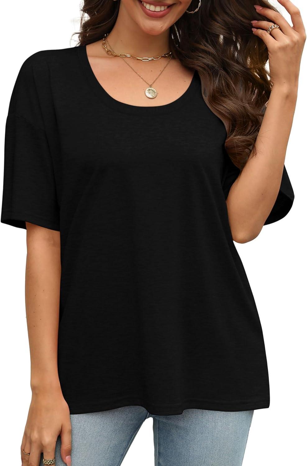 imageXIEERDUO Oversized T Shirts for Women Summer Short Sleeve Tops Loose Scook NeckBlack